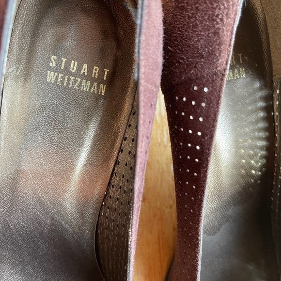 Stuart Weitzman Suede Pumps Square Toe Fringe Brown Buckle Size 8 Narrow - Picture 8 of 9